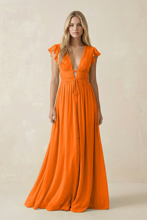 V - Neck A - Line Chiffon Cap Sleeves Bridesmaid Dress in Cinnamon - KissProm Bridesmaid Dresses