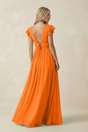 V - Neck A - Line Chiffon Cap Sleeves Bridesmaid Dress in Cinnamon - KissProm Bridesmaid Dresses