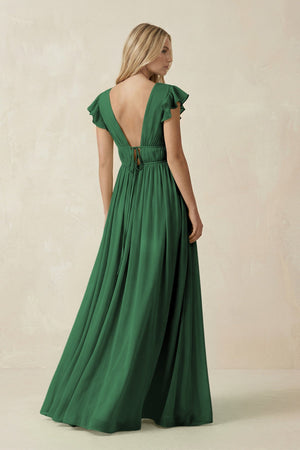 V - Neck A - Line Chiffon Cap Sleeves Bridesmaid Dress in Dark Green - KissProm Bridesmaid Dresses