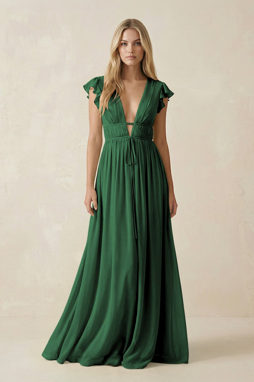V-Neck A-Line Chiffon Cap Sleeves Bridesmaid Dress in Dark Green, Dark Green / 6