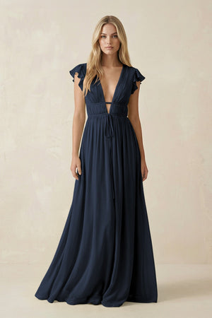 V - Neck A - Line Chiffon Cap Sleeves Bridesmaid Dress in Dark Navy - KissProm Bridesmaid Dresses