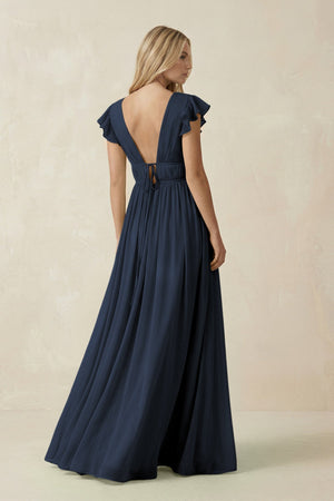 V - Neck A - Line Chiffon Cap Sleeves Bridesmaid Dress in Dark Navy - KissProm Bridesmaid Dresses