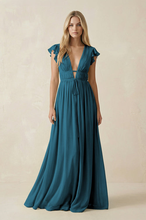 V - Neck A - Line Chiffon Cap Sleeves Bridesmaid Dress in Dark Teal - KissProm Bridesmaid Dresses