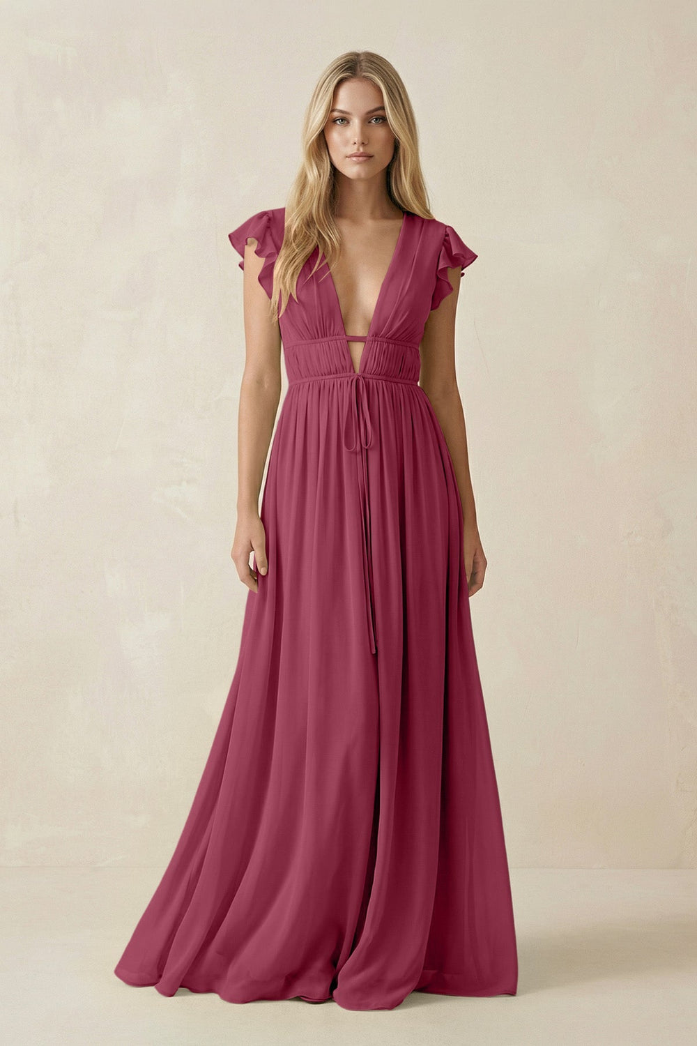 V - Neck A - Line Chiffon Cap Sleeves Bridesmaid Dress in Desert Rose - KissProm Bridesmaid Dresses