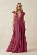V - Neck A - Line Chiffon Cap Sleeves Bridesmaid Dress in Desert Rose - KissProm Bridesmaid Dresses