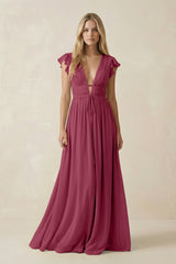 V - Neck A - Line Chiffon Cap Sleeves Bridesmaid Dress in Desert Rose - KissProm Bridesmaid Dresses