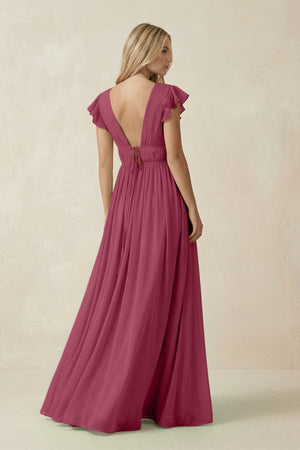 V - Neck A - Line Chiffon Cap Sleeves Bridesmaid Dress in Desert Rose - KissProm Bridesmaid Dresses