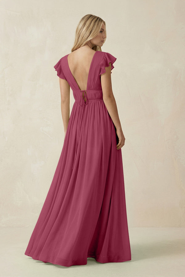 V - Neck A - Line Chiffon Cap Sleeves Bridesmaid Dress in Desert Rose - KissProm Bridesmaid Dresses