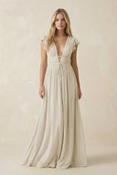 V - Neck A - Line Chiffon Cap Sleeves Bridesmaid Dress in Dove Gray - KissProm Bridesmaid Dresses