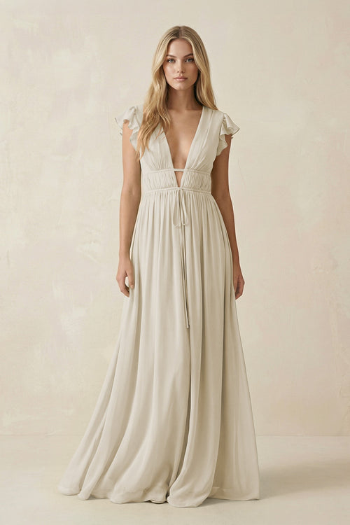 V - Neck A - Line Chiffon Cap Sleeves Bridesmaid Dress in Dove Gray - KissProm Bridesmaid Dresses