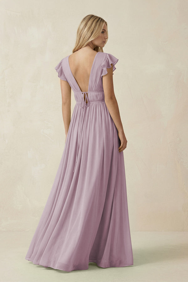 V - Neck A - Line Chiffon Cap Sleeves Bridesmaid Dress in Dusk - KissProm Bridesmaid Dresses