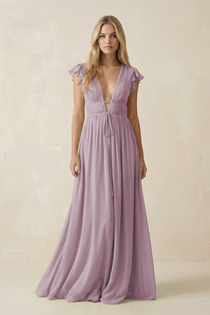 V - Neck A - Line Chiffon Cap Sleeves Bridesmaid Dress in Dusk - KissProm Bridesmaid Dresses