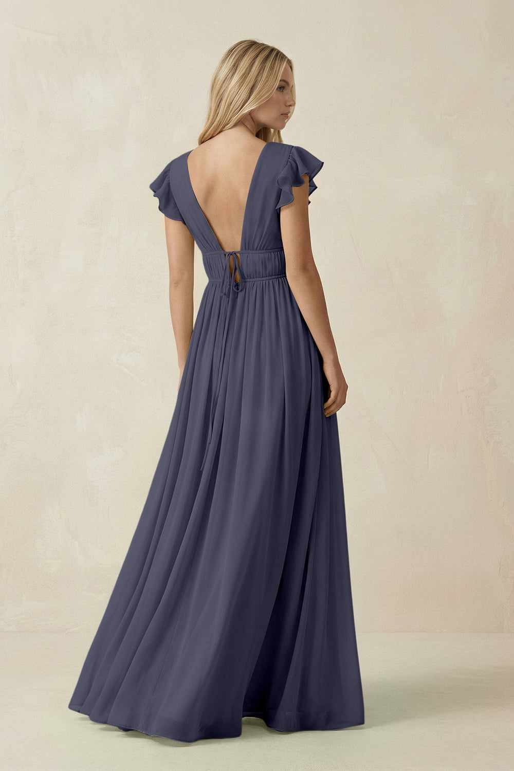 V - Neck A - Line Chiffon Cap Sleeves Bridesmaid Dress in Dusk Blue - KissProm Bridesmaid Dresses
