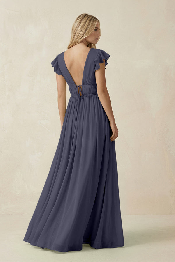 V - Neck A - Line Chiffon Cap Sleeves Bridesmaid Dress in Dusk Blue - KissProm Bridesmaid Dresses