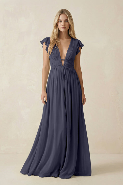 KissProm V-Neck A-Line Chiffon Cap Sleeves Bridesmaid Dress in Dusk Blue, Dusk Blue / 16