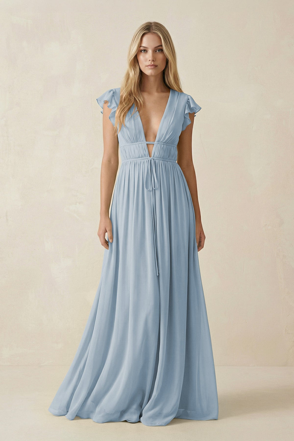 V - Neck A - Line Chiffon Cap Sleeves Bridesmaid Dress in Dusty Blue - KissProm Bridesmaid Dresses