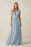 V - Neck A - Line Chiffon Cap Sleeves Bridesmaid Dress in Dusty Blue - KissProm Bridesmaid Dresses