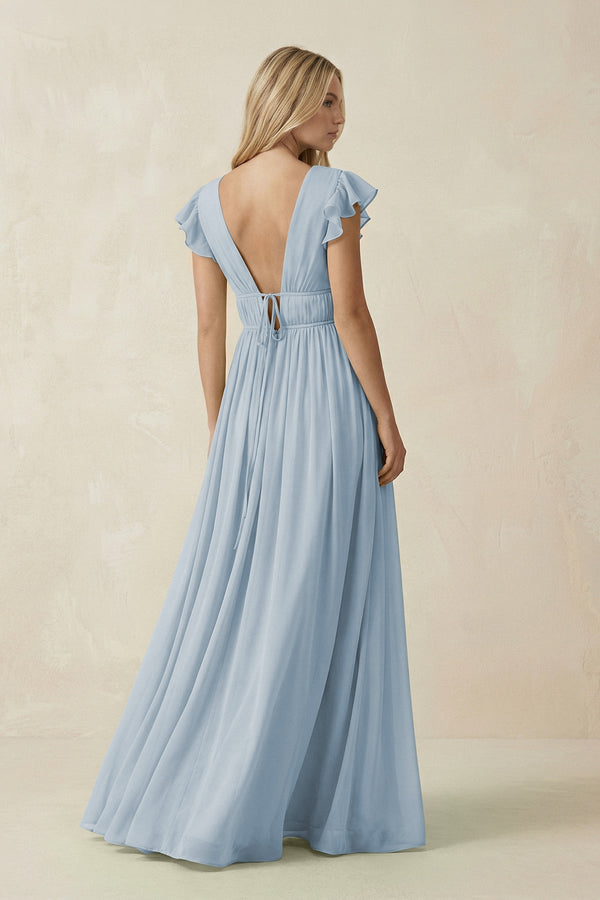 V - Neck A - Line Chiffon Cap Sleeves Bridesmaid Dress in Dusty Blue - KissProm Bridesmaid Dresses