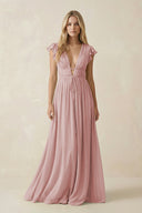 V - Neck A - Line Chiffon Cap Sleeves Bridesmaid Dress in Dusty Rose - KissProm Bridesmaid Dresses