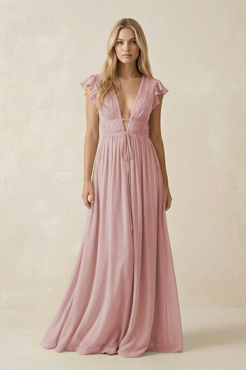 V - Neck A - Line Chiffon Cap Sleeves Bridesmaid Dress in Dusty Rose - KissProm Bridesmaid Dresses