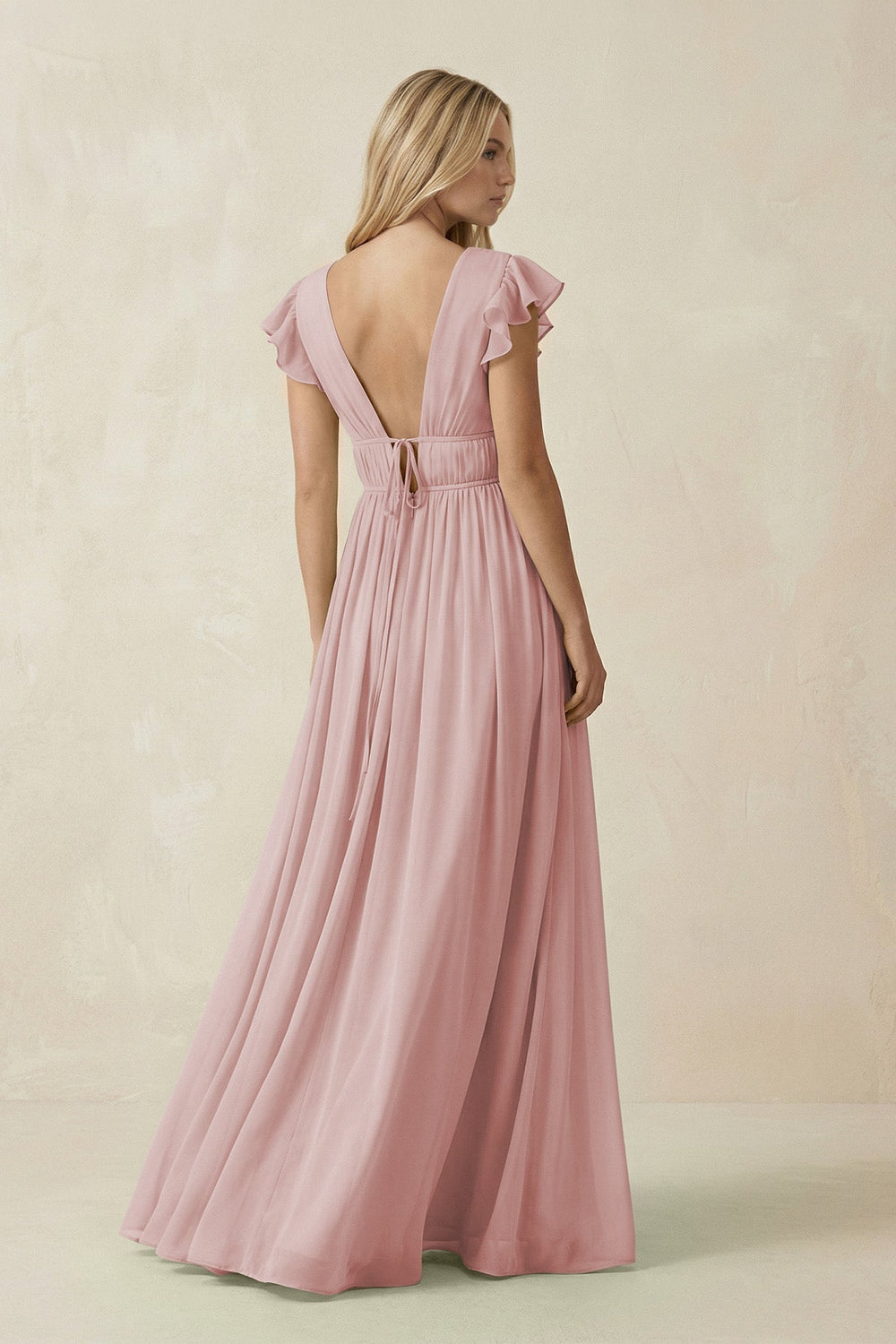 V - Neck A - Line Chiffon Cap Sleeves Bridesmaid Dress in Dusty Rose - KissProm Bridesmaid Dresses