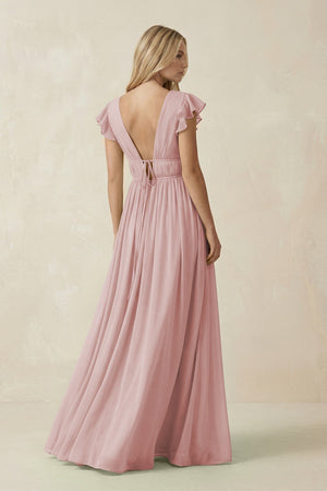 V - Neck A - Line Chiffon Cap Sleeves Bridesmaid Dress in Dusty Rose - KissProm Bridesmaid Dresses