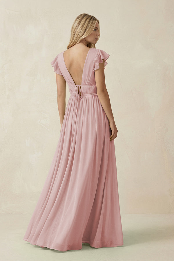 V - Neck A - Line Chiffon Cap Sleeves Bridesmaid Dress in Dusty Rose - KissProm Bridesmaid Dresses