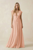 V - Neck A - Line Chiffon Cap Sleeves Bridesmaid Dress in English Rose - KissProm Bridesmaid Dresses