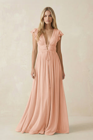 V - Neck A - Line Chiffon Cap Sleeves Bridesmaid Dress in English Rose - KissProm Bridesmaid Dresses