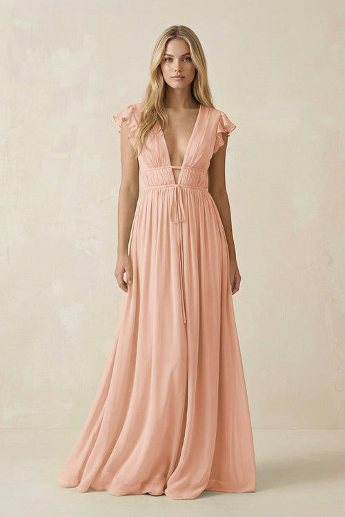 V - Neck A - Line Chiffon Cap Sleeves Bridesmaid Dress in English Rose - KissProm Bridesmaid Dresses