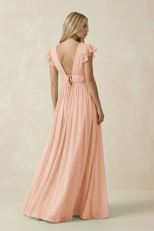 V - Neck A - Line Chiffon Cap Sleeves Bridesmaid Dress in English Rose - KissProm Bridesmaid Dresses