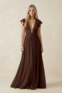 V - Neck A - Line Chiffon Cap Sleeves Bridesmaid Dress in Espresso - KissProm Bridesmaid Dresses