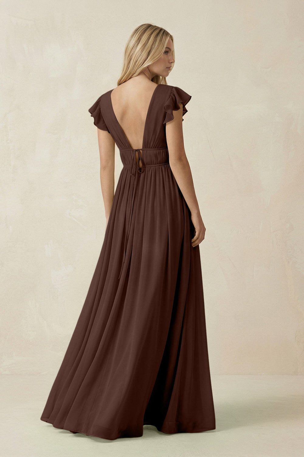V - Neck A - Line Chiffon Cap Sleeves Bridesmaid Dress in Espresso - KissProm Bridesmaid Dresses