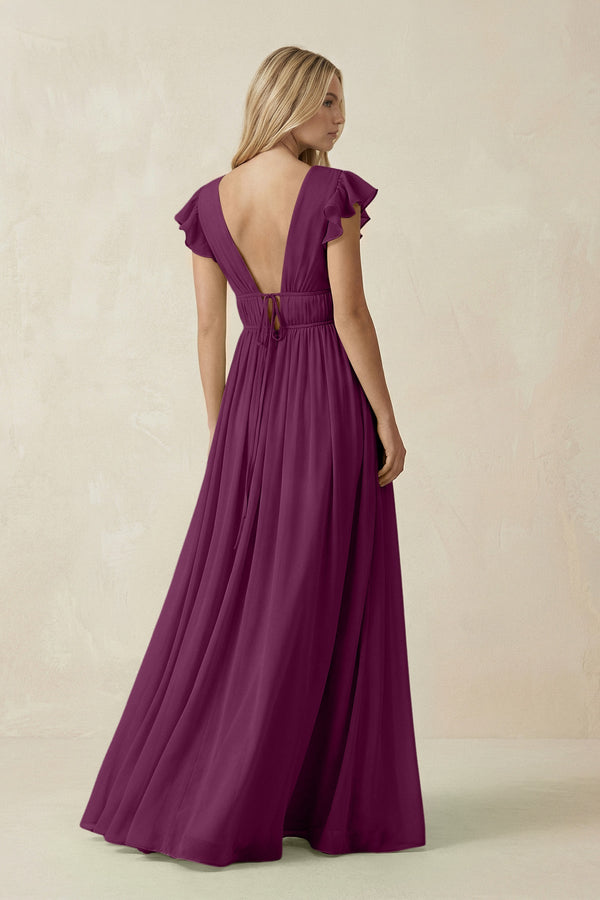 V - Neck A - Line Chiffon Cap Sleeves Bridesmaid Dress in Fig - KissProm Bridesmaid Dresses