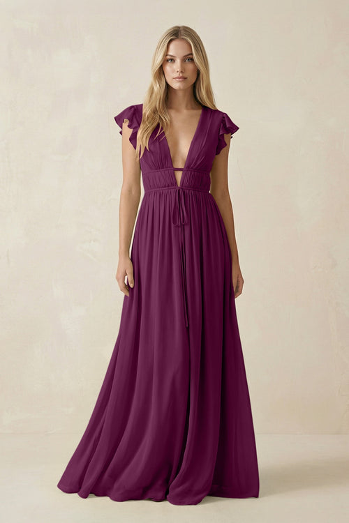KissProm V-Neck A-Line Chiffon Cap Sleeves Bridesmaid Dress in Fig, Fig / 2