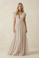 V - Neck A - Line Chiffon Cap Sleeves Bridesmaid Dress in Frost - KissProm Bridesmaid Dresses