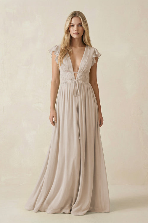 V-Neck A-Line Chiffon Cap Sleeves Bridesmaid Dress in Frost, Frost / 26