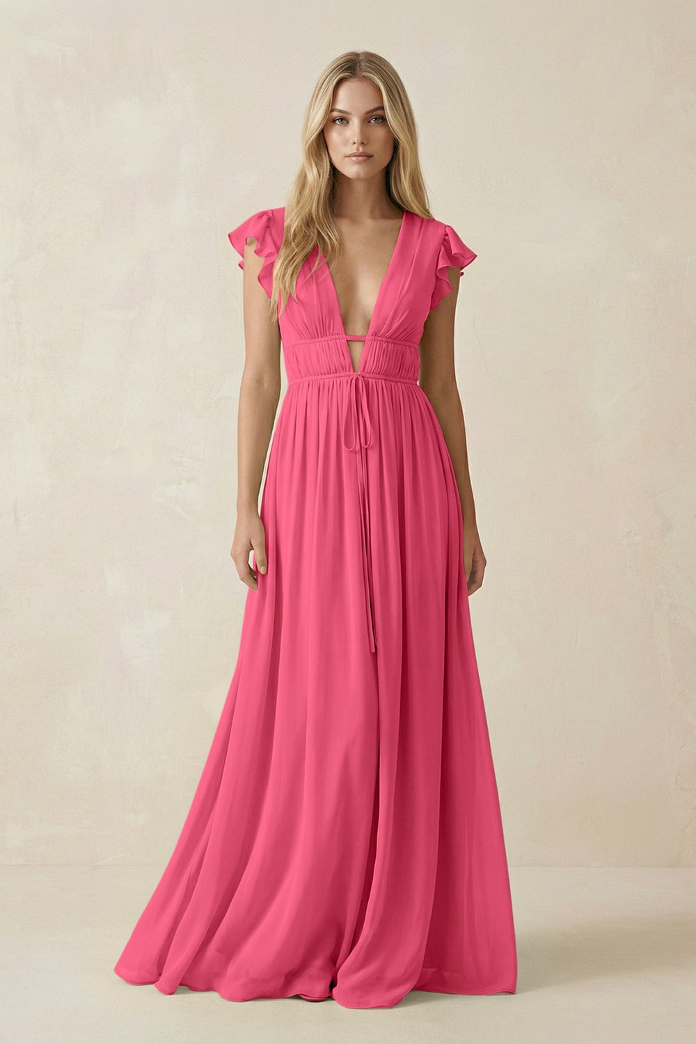 V - Neck A - Line Chiffon Cap Sleeves Bridesmaid Dress in Fuchsia - KissProm Bridesmaid Dresses