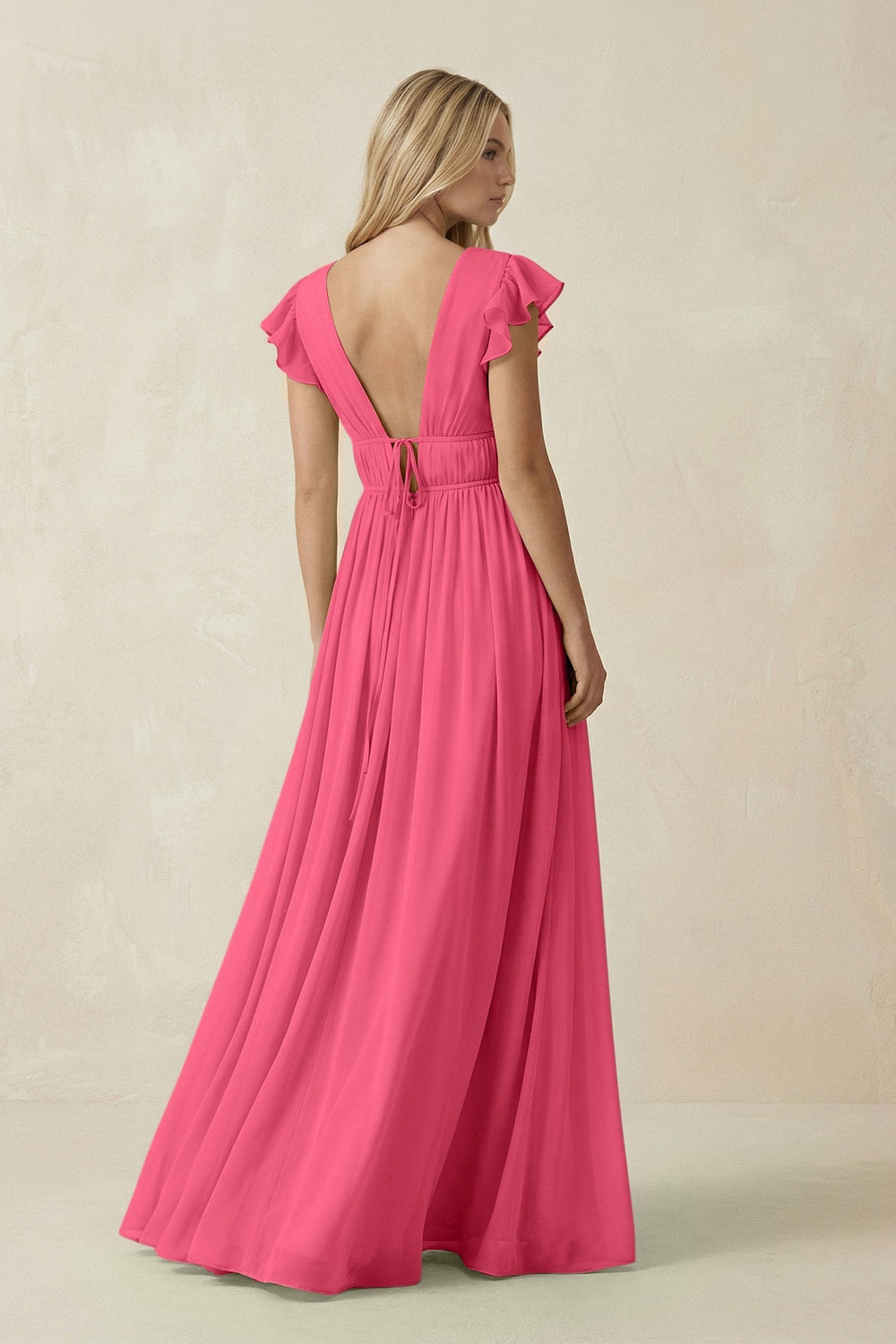V - Neck A - Line Chiffon Cap Sleeves Bridesmaid Dress in Fuchsia - KissProm Bridesmaid Dresses