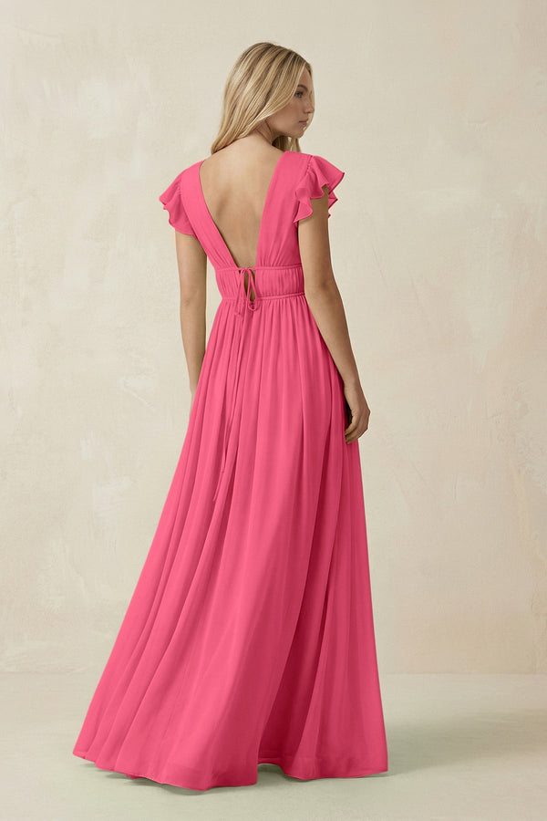 V - Neck A - Line Chiffon Cap Sleeves Bridesmaid Dress in Fuchsia - KissProm Bridesmaid Dresses