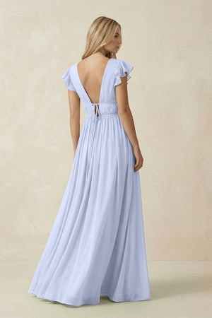 V - Neck A - Line Chiffon Cap Sleeves Bridesmaid Dress in Ice - KissProm Bridesmaid Dresses