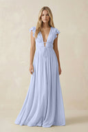 V - Neck A - Line Chiffon Cap Sleeves Bridesmaid Dress in Ice - KissProm Bridesmaid Dresses