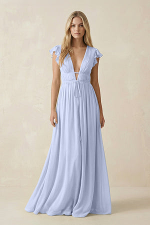 V - Neck A - Line Chiffon Cap Sleeves Bridesmaid Dress in Ice - KissProm Bridesmaid Dresses