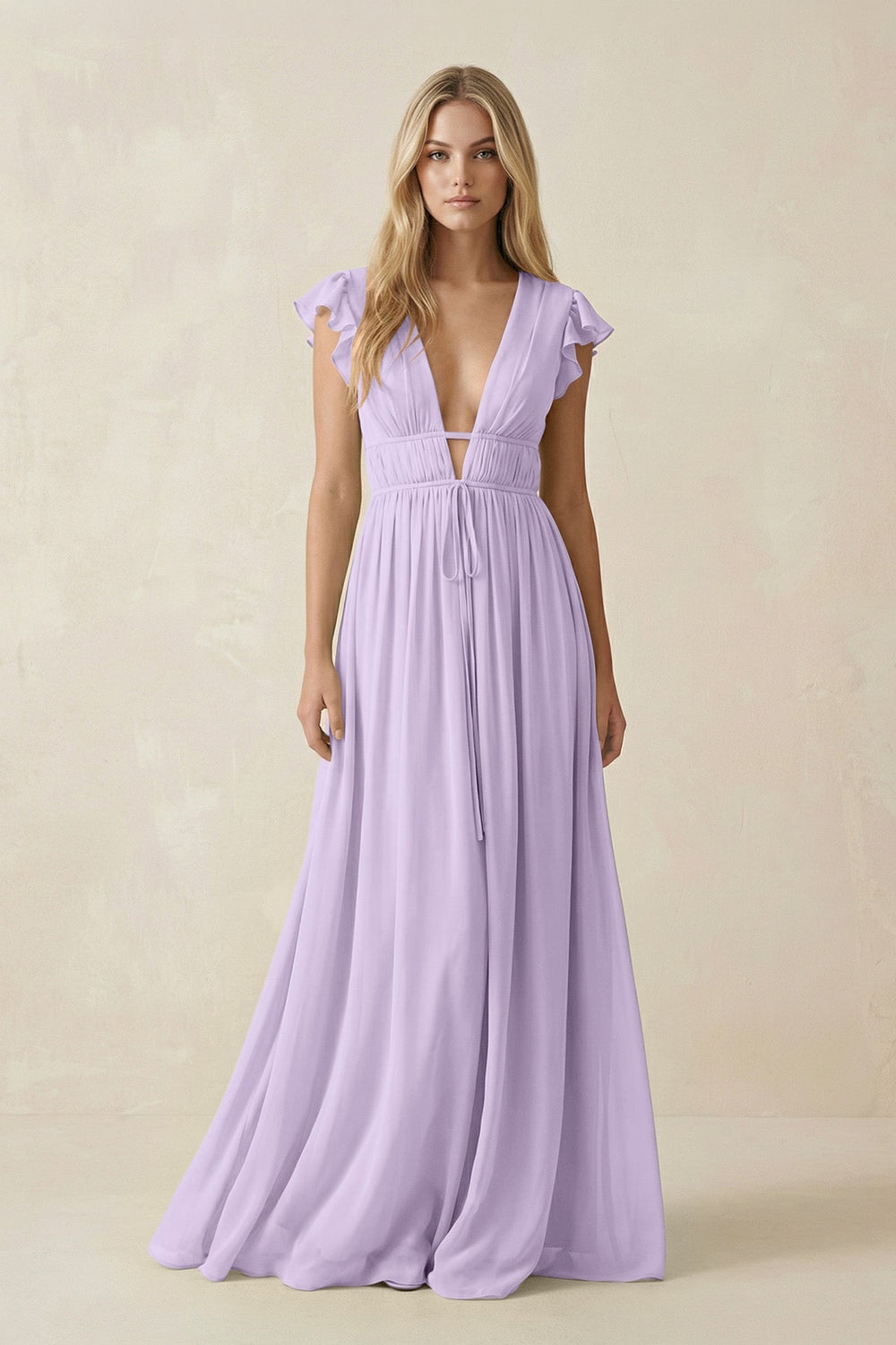 V - Neck A - Line Chiffon Cap Sleeves Bridesmaid Dress in Lavender - KissProm Bridesmaid Dresses