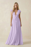 V - Neck A - Line Chiffon Cap Sleeves Bridesmaid Dress in Lavender - KissProm Bridesmaid Dresses