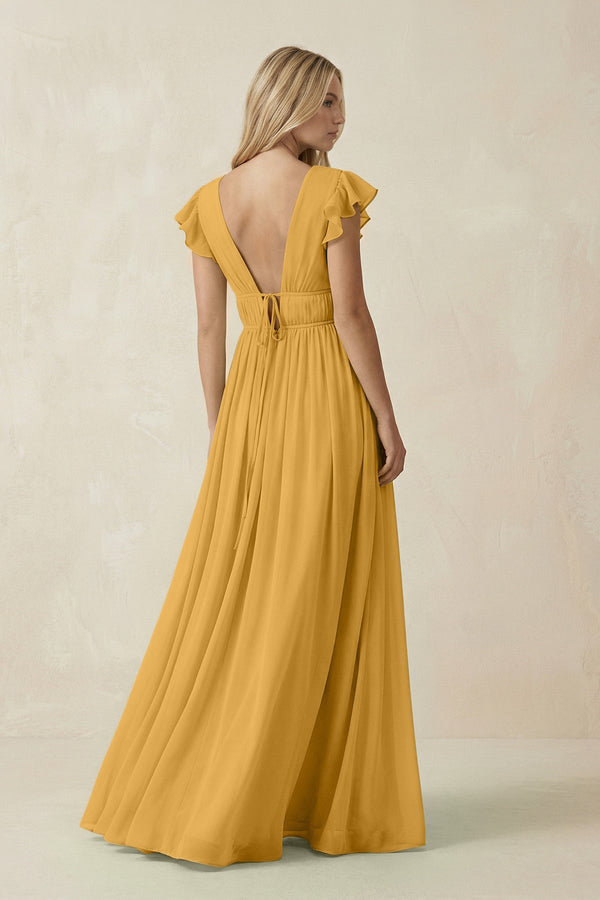 KissProm V-Neck A-Line Chiffon Cap Sleeves Bridesmaid Dress in Marigold, Marigold / 10