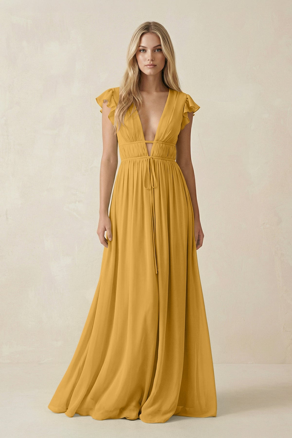 V - Neck A - Line Chiffon Cap Sleeves Bridesmaid Dress in Marigold - KissProm Bridesmaid Dresses