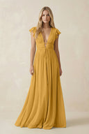 V - Neck A - Line Chiffon Cap Sleeves Bridesmaid Dress in Marigold - KissProm Bridesmaid Dresses