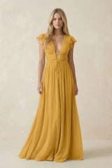V - Neck A - Line Chiffon Cap Sleeves Bridesmaid Dress in Marigold - KissProm Bridesmaid Dresses