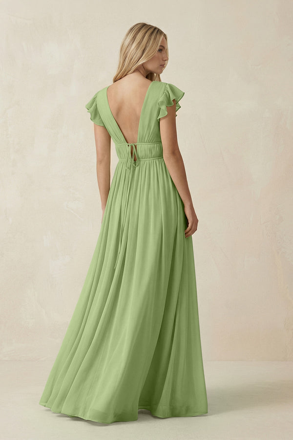 V-Neck A-Line Chiffon Cap Sleeves Bridesmaid Dress in Matcha